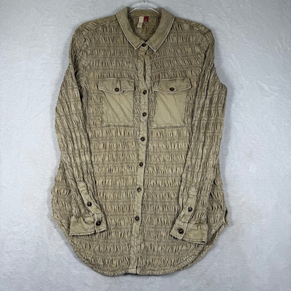 Pilcro and the Letterpress Smocked Button Down Shirt Khaki Tan Small OB1665520